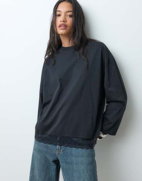 Miss Selfridge Oversized Long Sleeve T-shirt with Lace Hem - view 1