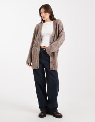 Miss Selfridge Oversized Longline Cable Cardigan In Neutral