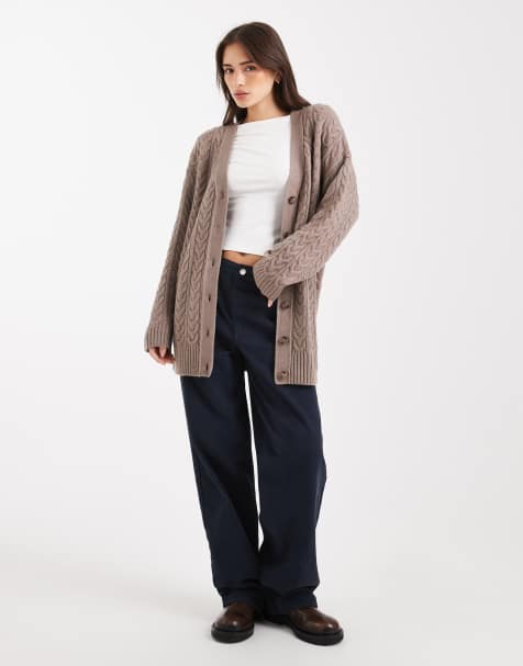 Miss Selfridge oversized longline cable cardigan in mocha - view 1