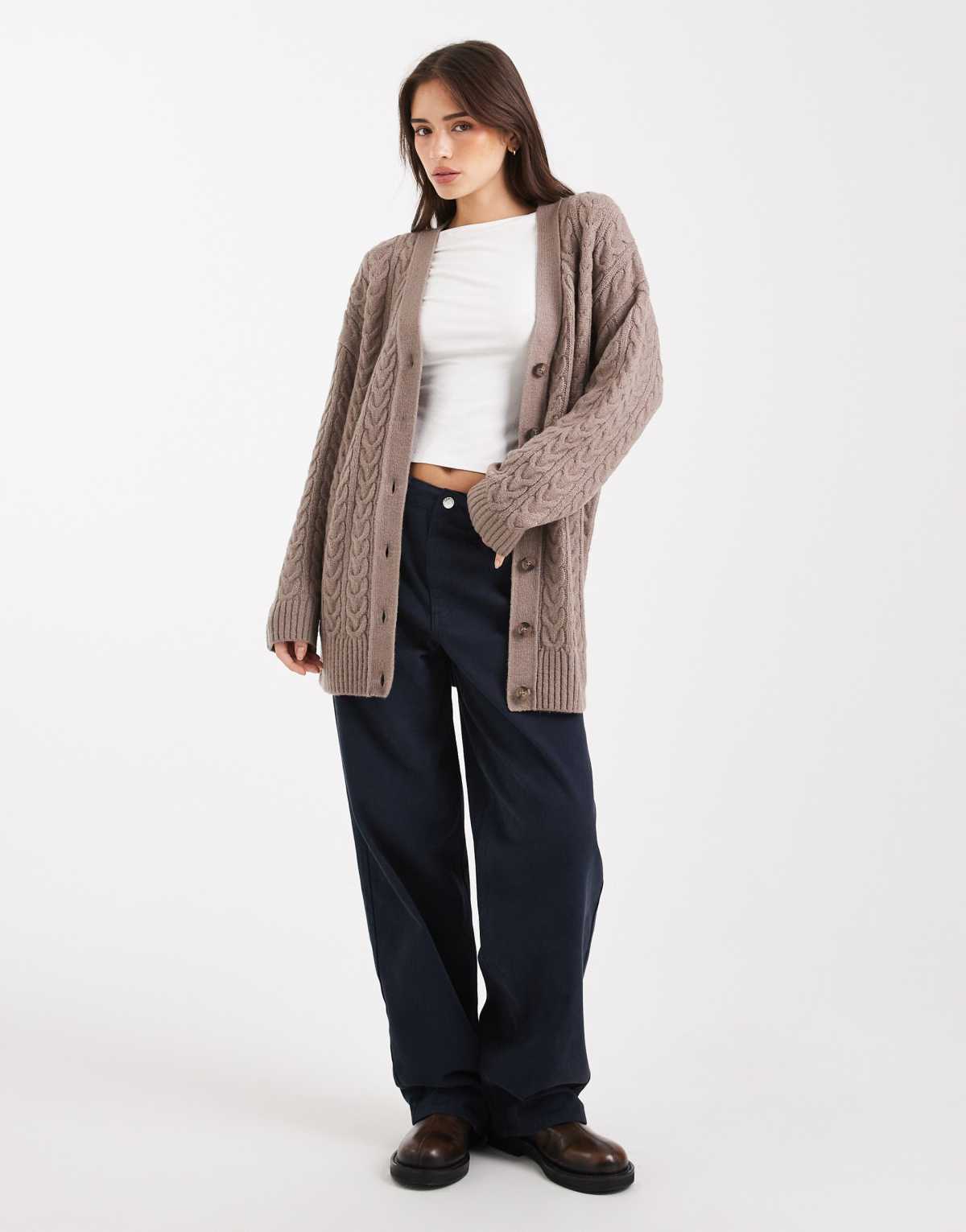 Miss Selfridge oversized longline cable cardigan in mocha