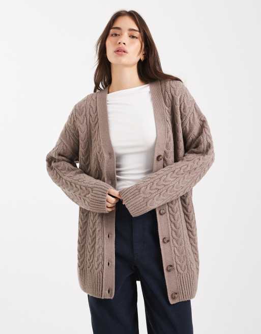 Miss Selfridge oversized longline cable cardigan in mocha ASOS