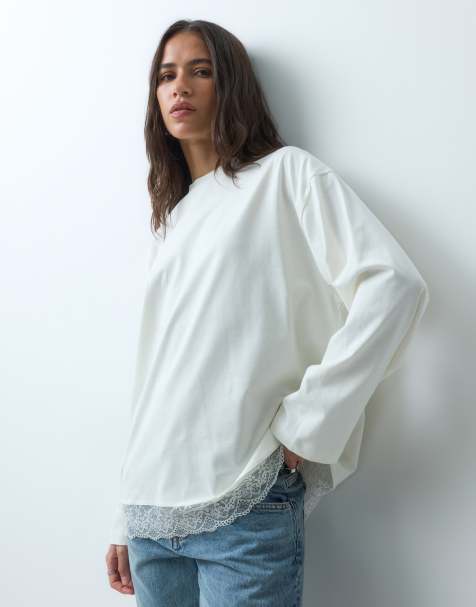 Miss Selfridge Oversized LS tshirt with Lace hem - view 1