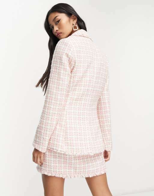 Miss Selfridge oversized military boucle blazer in pink check