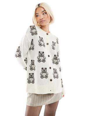 Miss Selfridge Oversized Mini Teddy Jacquard Cardigan-white