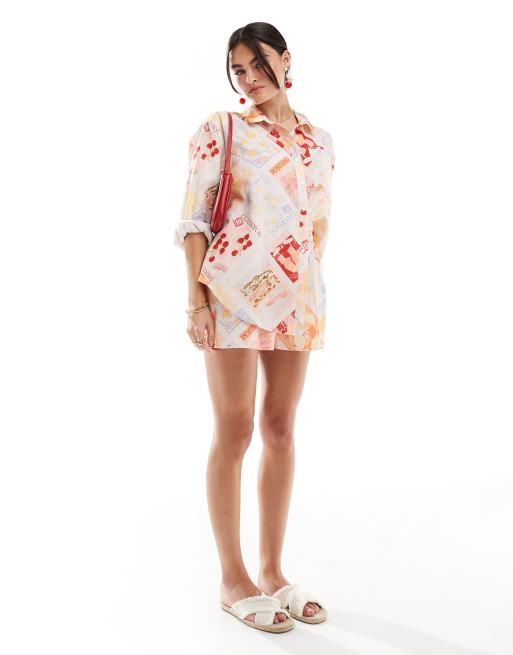 Miss Selfridge - Oversized overhemd met linnenlook in ansichtkaartprint, 2 van 4