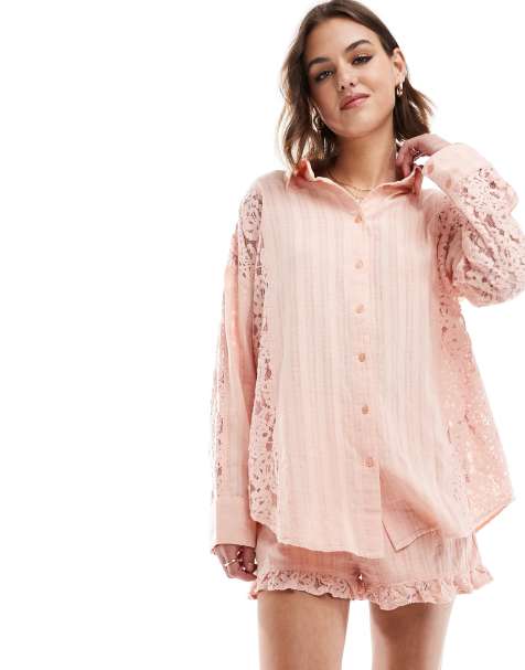 Miss Selfridge - Oversized overhemd van kantmix in zachtroze - view 1