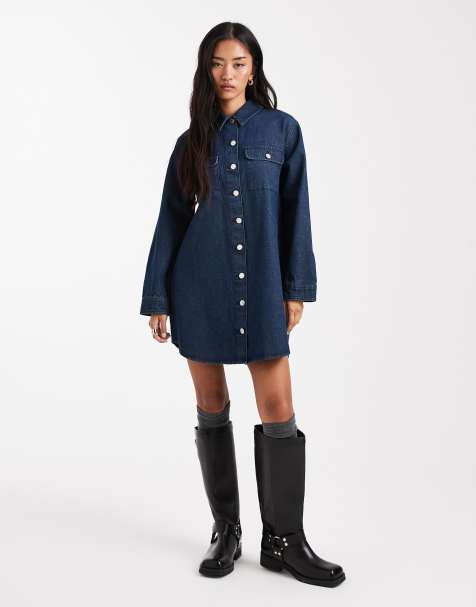 Miss Selfridge - Oversized overhemdjurk met knopen in indigo wassing - view 1