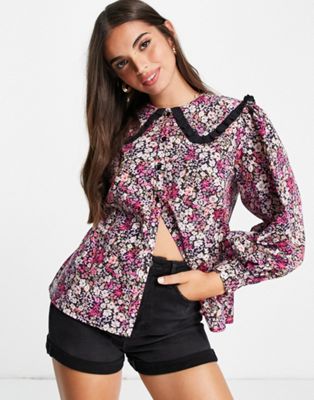 Miss Selfridge oversized poplin collar shirt in cluster floral