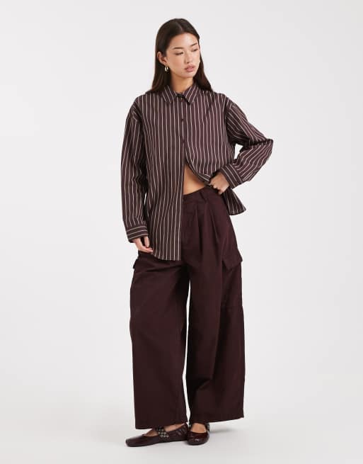 Miss Selfridge oversized poplin shirt in chocolate stripe, 2 of 4