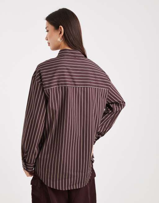 Miss Selfridge oversized poplin shirt in chocolate stripe, 4 of 4