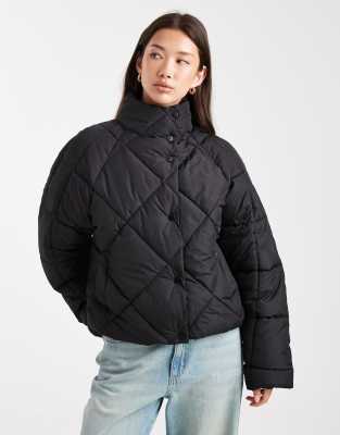 Miss Selfridge Oversized Quilted Funnel Neck Crop Puffer Jacket In Black