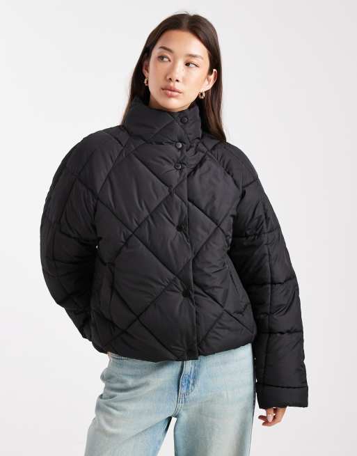 Miss Selfridge oversized quilted funnel neck crop puffer jacket in black