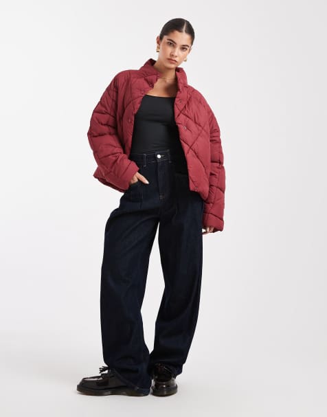 Miss Selfridge oversized quilted funnel neck crop puffer jacket in cherry red