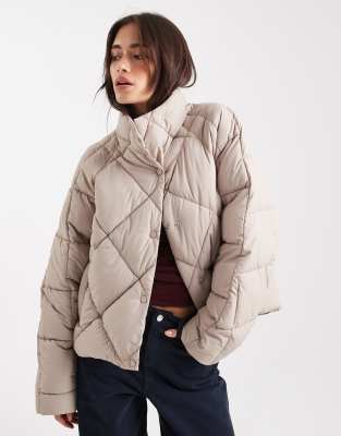 Miss Selfridge Oversized Quilted Funnel Neck Crop Puffer Jacket In Mushroom-neutral