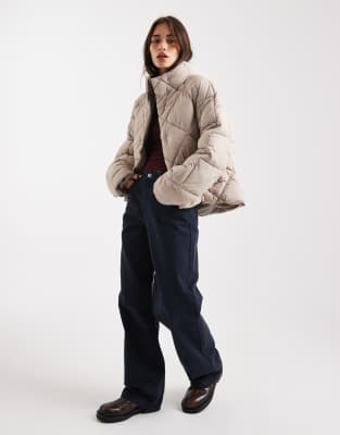 Miss Selfridge Oversized Quilted Funnel Neck Crop Puffer Jacket In Mushroom-neutral In Gray