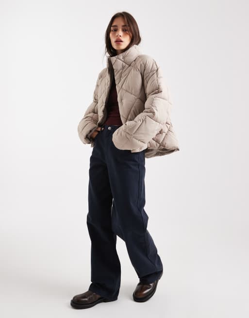 Miss Selfridge oversized quilted funnel neck crop puffer jacket in mocha
