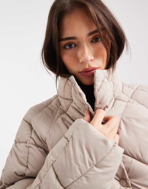 Miss Selfridge oversized quilted funnel neck crop puffer jacket in mocha