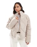 [Miss Selfridge] Miss Selfridge oversized quilted funnel neck crop puffer jacket in mushroom-Neutral 18 Mushroom