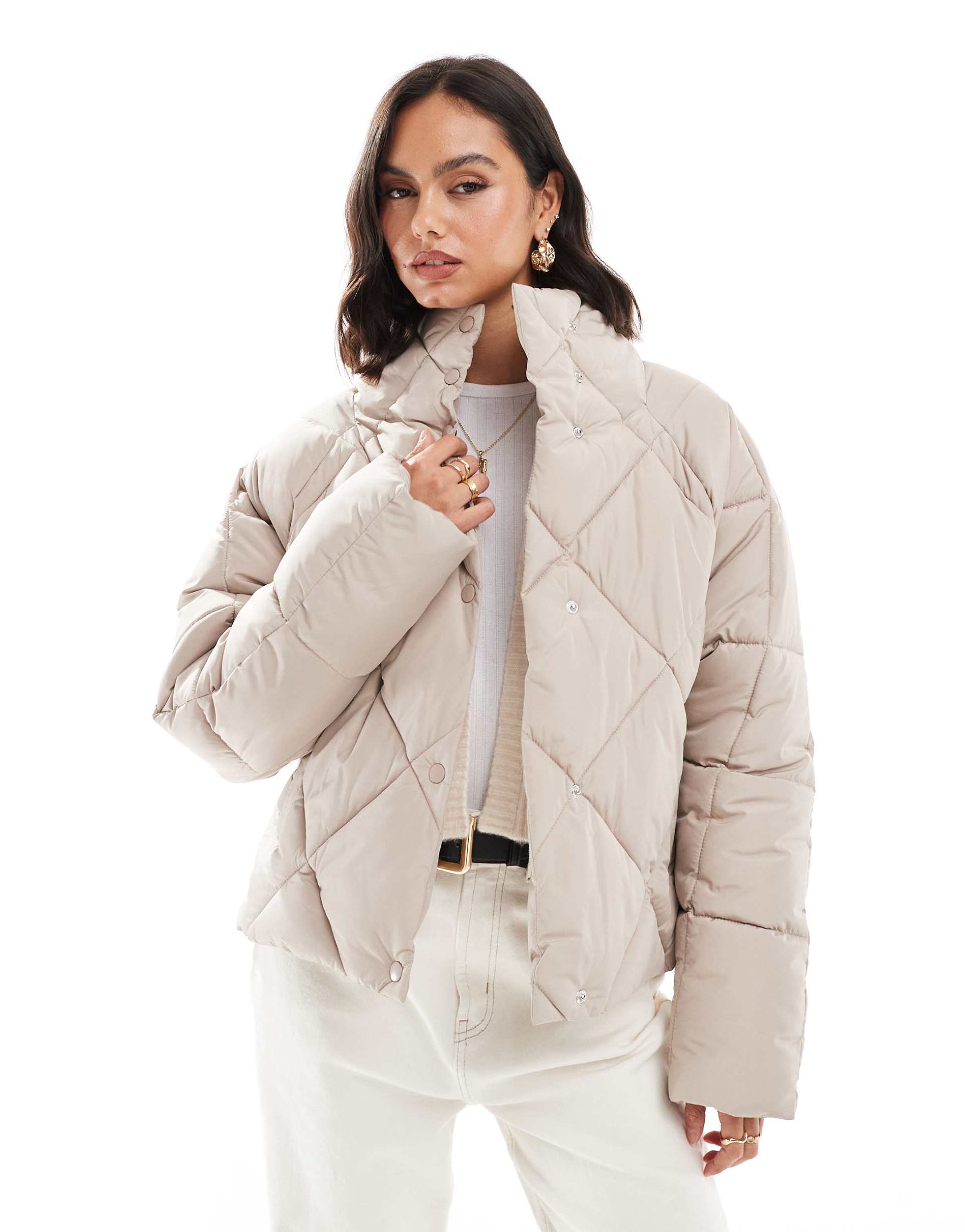 miss selfridge oversized quilted funnel neck crop puffer jacket in mushroom
