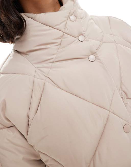 Miss Selfridge oversized quilted funnel neck crop puffer jacket in mushroom