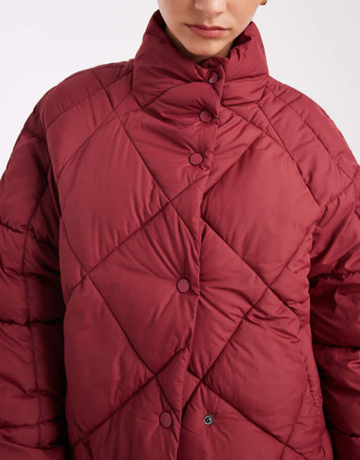 Miss Selfridge oversized quilted funnel neck cropped puffer jacket in cherry red