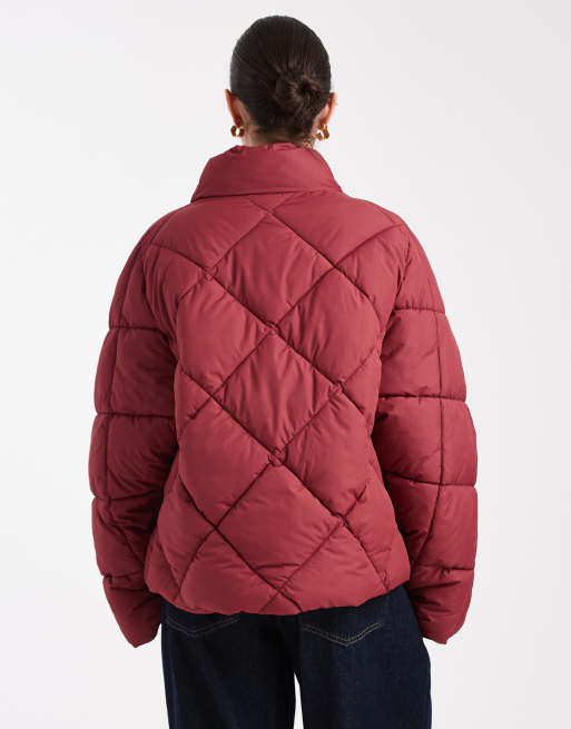 Miss Selfridge oversized quilted funnel neck cropped puffer jacket in cherry red