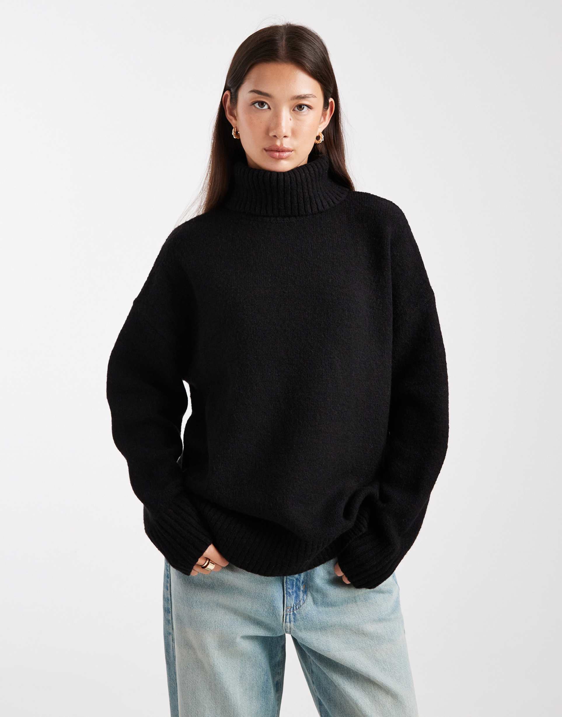 miss selfridge oversized roll neck slit hem sweater in black