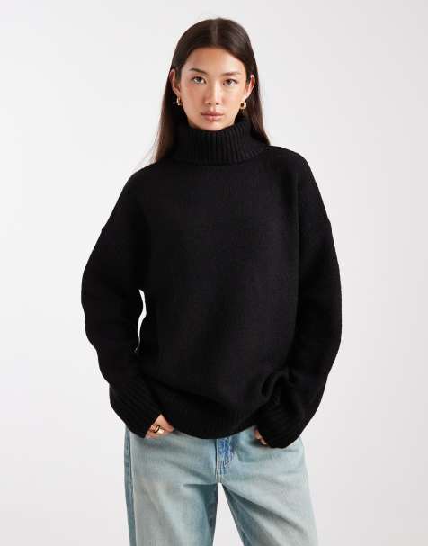 Miss Selfridge oversized roll neck split hem jumper in black