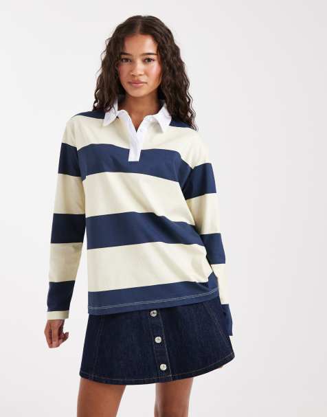 Miss Selfridge oversized rugby shirt in navy and buttermilk stripe - view 1
