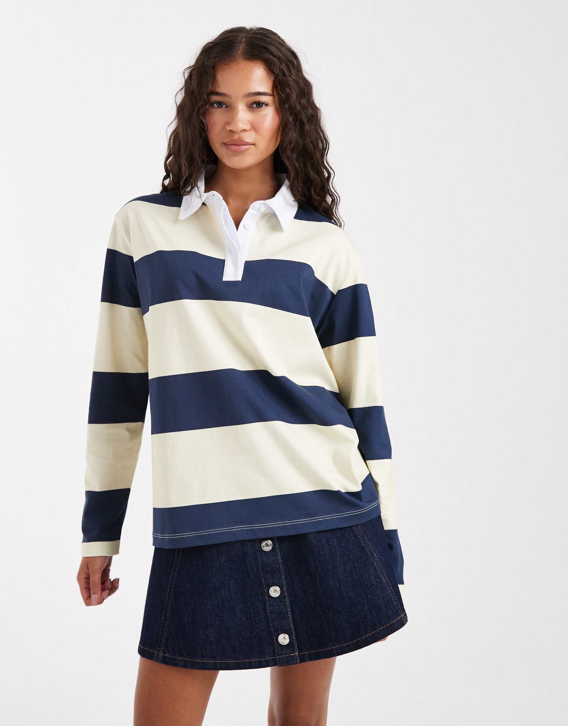 miss selfridge oversized rugby shirt in navy and buttermilk stripe