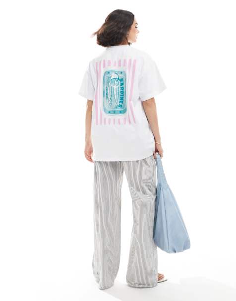 Miss Selfridge oversized sardine pink stripe back print graphic tee - view 1