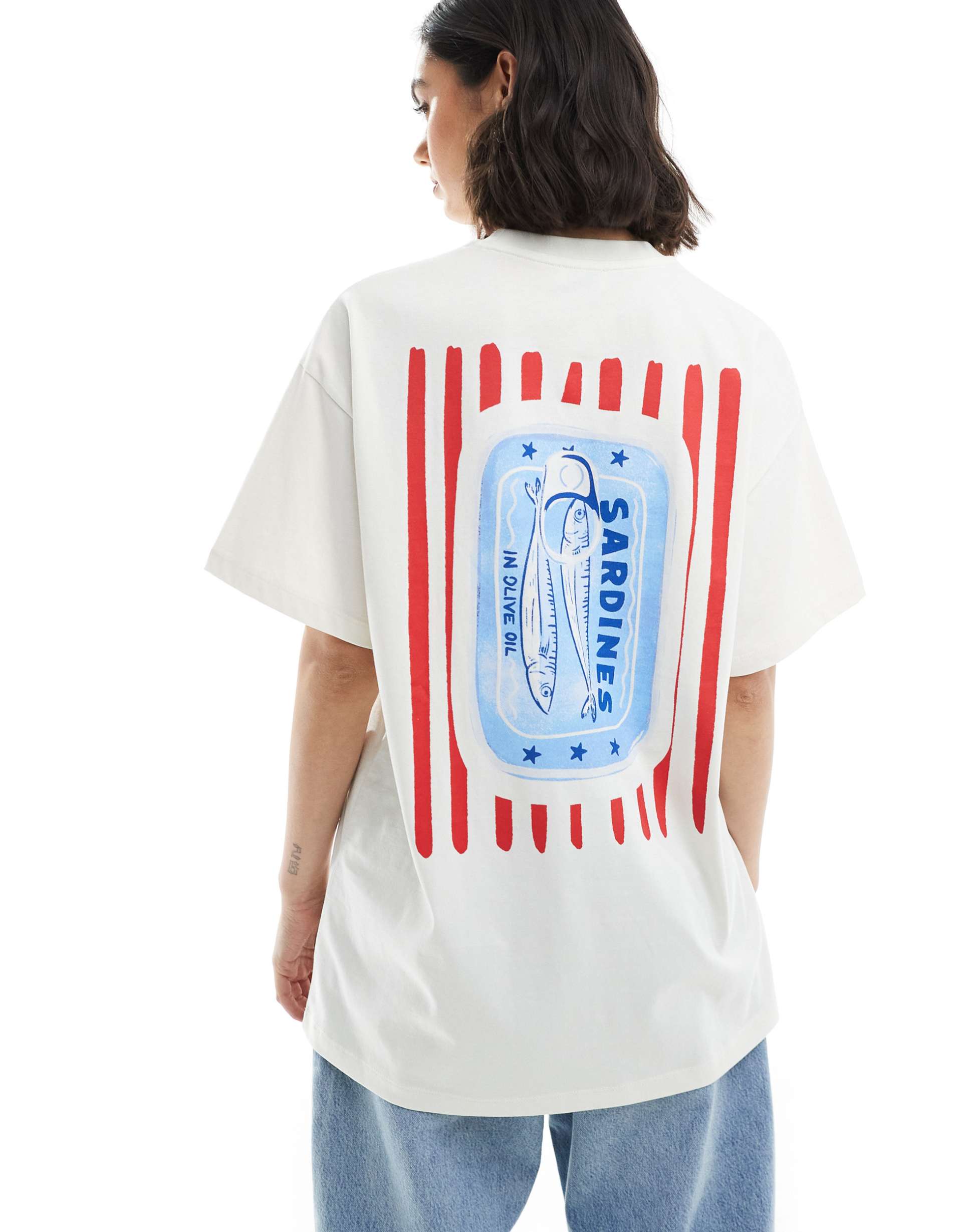 miss selfridge oversized sardine stripe back print graphic tee