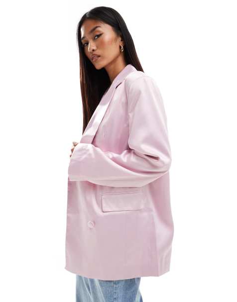 Miss Selfridge - Oversized satijnen double breasted blazer in roze - view 1