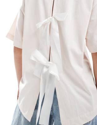 Shop Miss Selfridge Oversized Satin Bow Back T-shirt In Pink