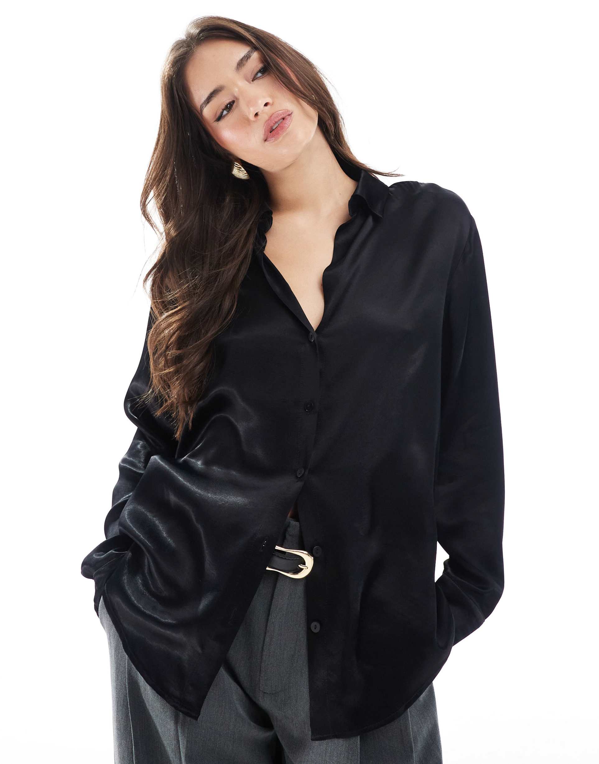 miss selfridge oversized satin shirt in black