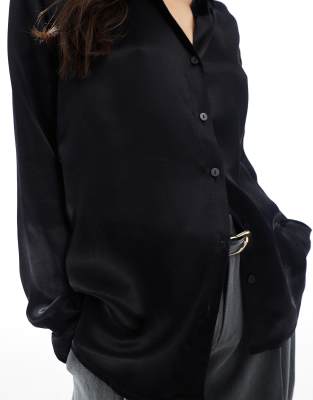 Miss Selfridge Oversized Satin Shirt In Black