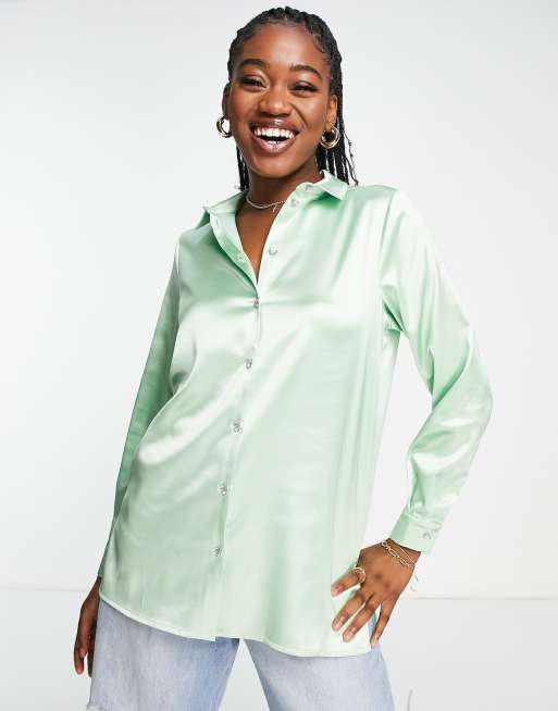 Miss Selfridge oversized satin shirt with diamante buttons in light green