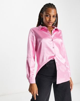 Miss Selfridge oversized satin shirt with diamante buttons in light pink - ASOS Price Checker