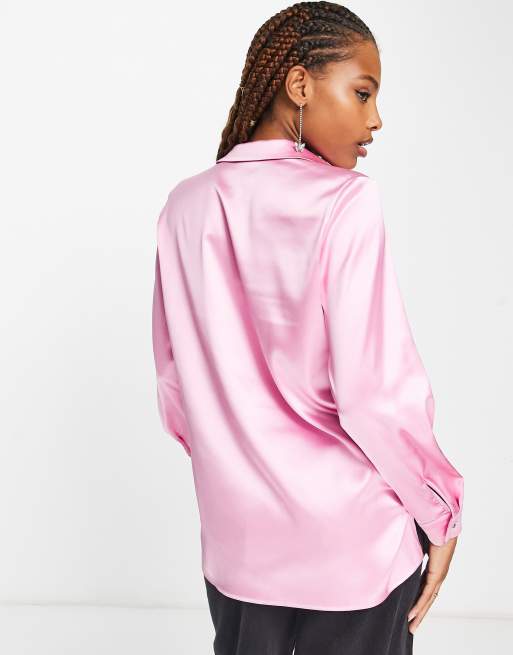 Miss Selfridge oversized satin shirt with diamante buttons in light pink