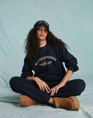 Miss Selfridge oversized Seattle graphic print sweatshirt co-ord in navy