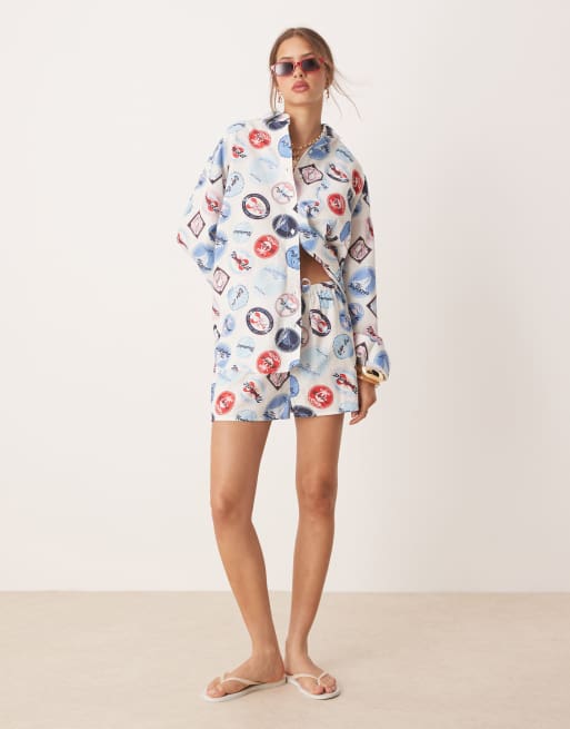 Miss Selfridge oversized shirt in holiday print (Part of a set), 2 of 4