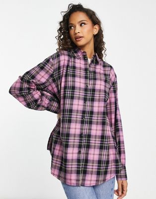 Miss Selfridge oversized shirt in pink and lime check  - ASOS Price Checker