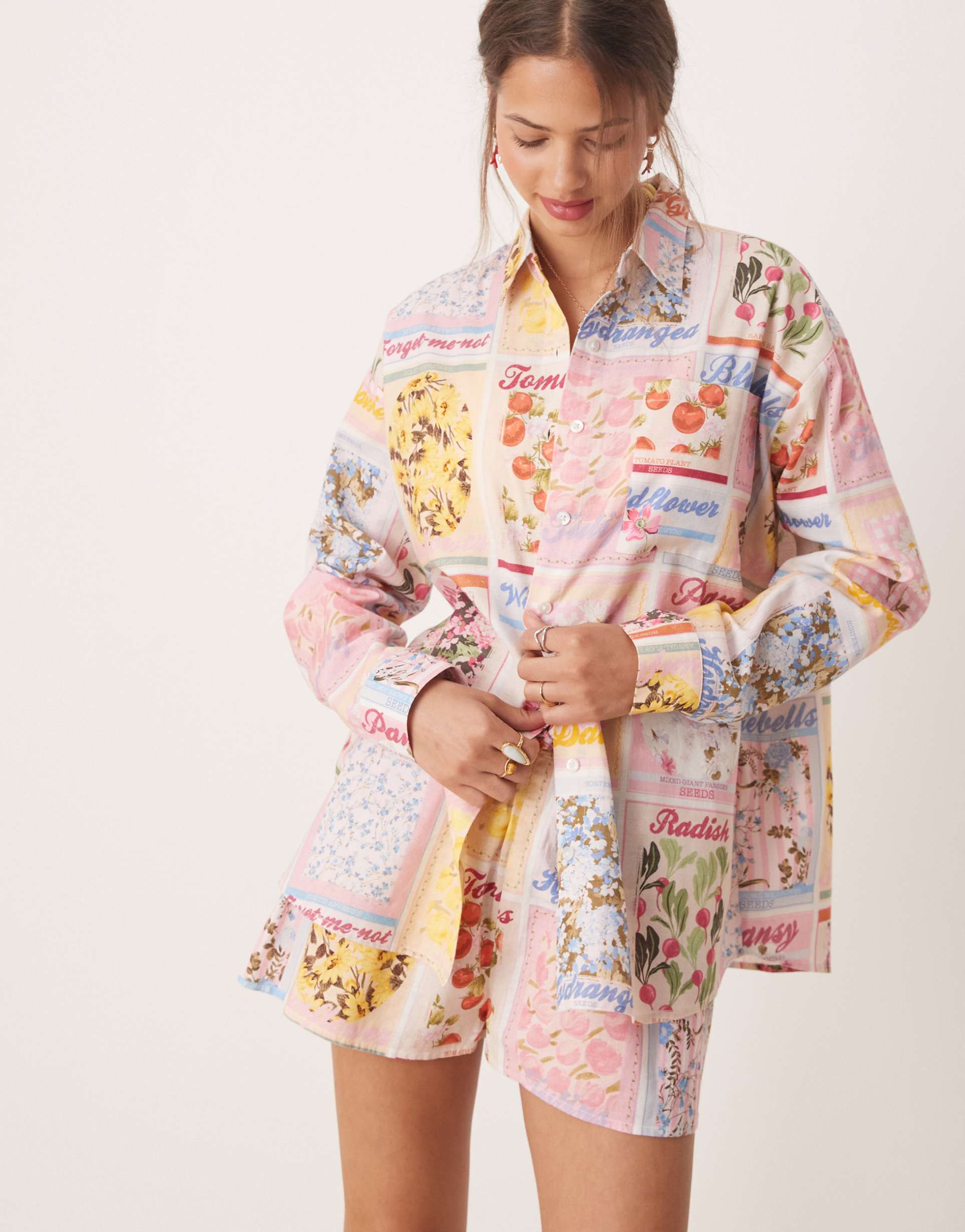 miss selfridge oversized shirt in postcard print