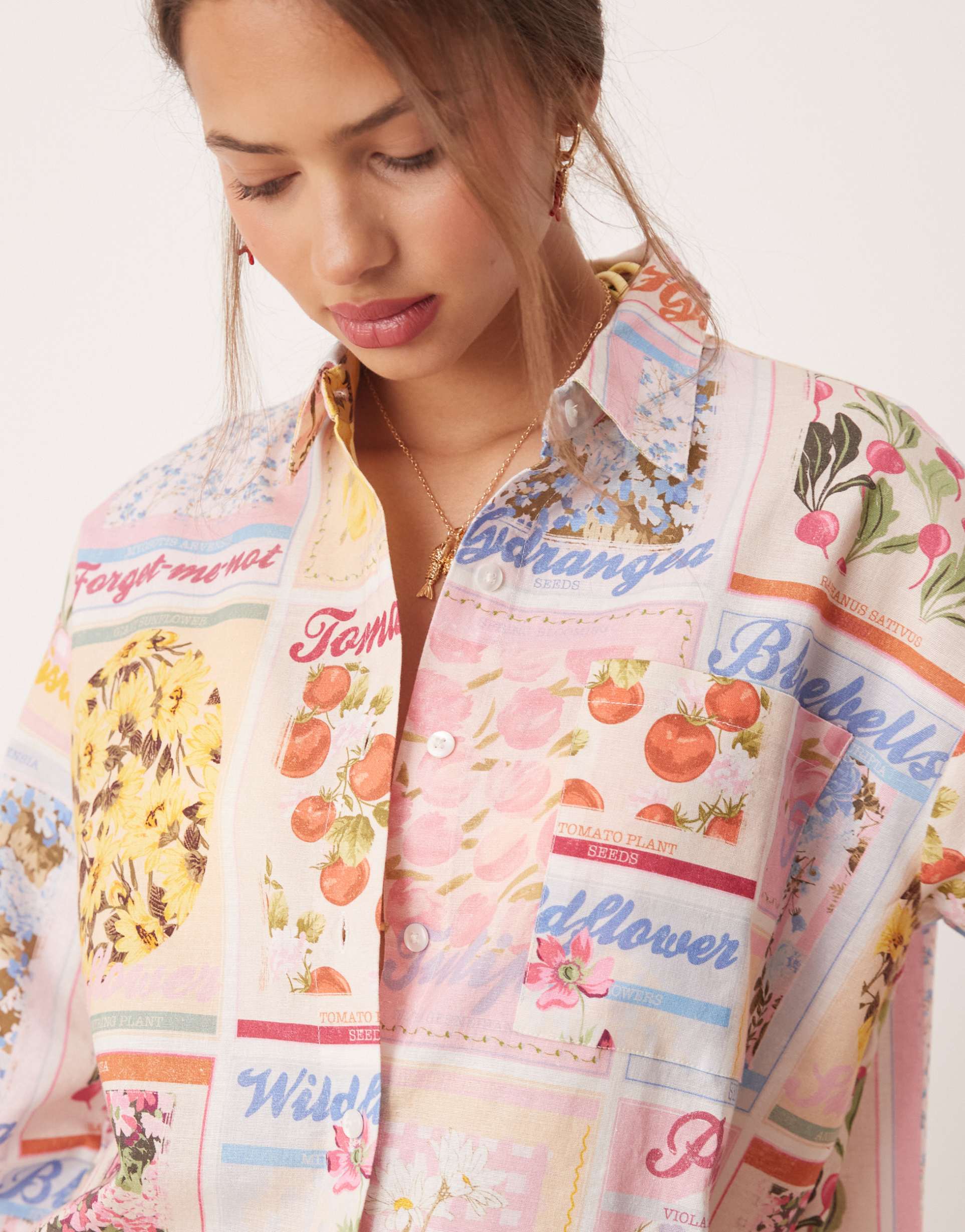 miss selfridge oversized shirt in postcard print