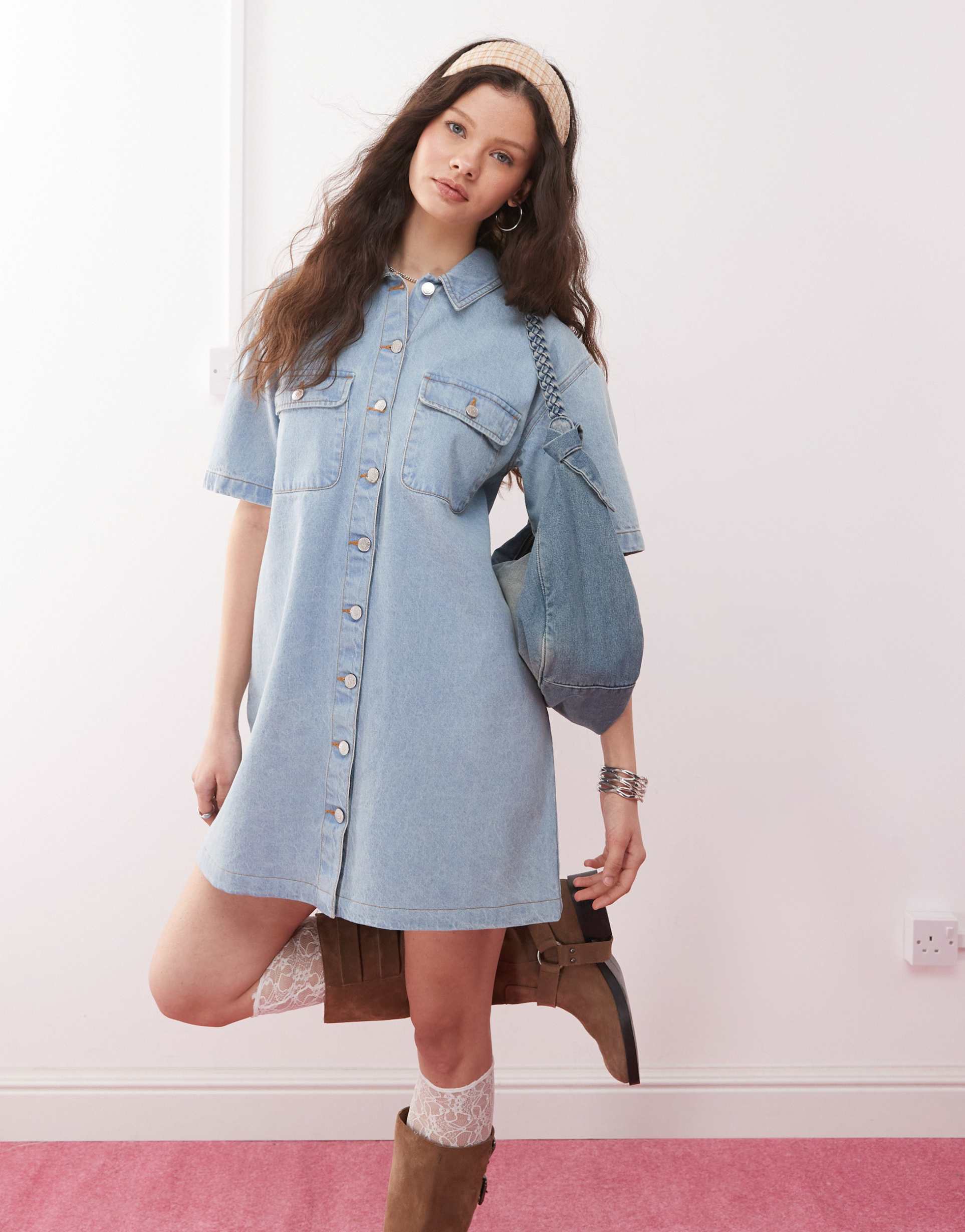 miss selfridge oversized short sleeve denim shirt dress in bleach wash
