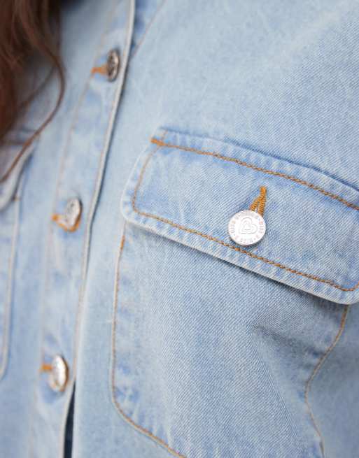 Miss Selfridge oversized short sleeve denim shirt dress in bleach wash