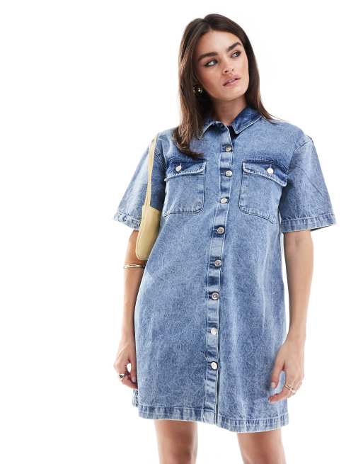 Miss Selfridge oversized short sleeve denim shirt dress in blue - Main Image