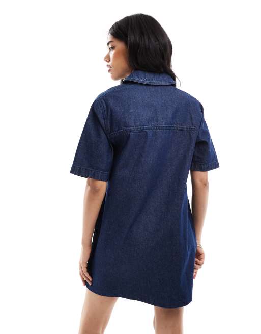 Miss Selfridge oversized short sleeve denim shirt dress in indigo wash, 4 of 4