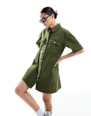 Miss Selfridge Oversized Short Sleeve Denim Shirt Dress In Khaki-green