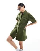 Topshop button down mini shirt dress in khaki | ASOS